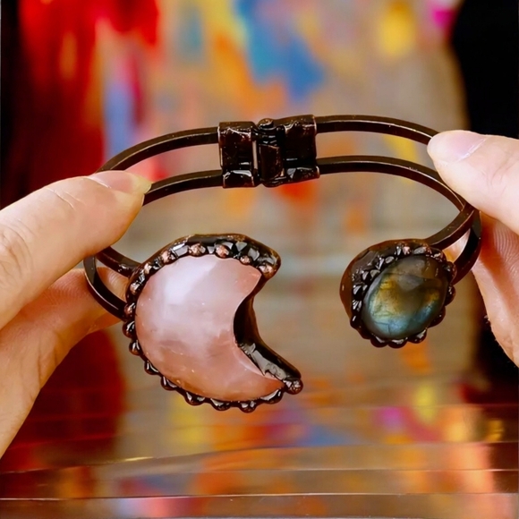 🆕 Pink Rose Quartz & Labradorite Moon Natural Stone Bangle Cuff Bracelet 🌈✨ - Picture 7 of 14